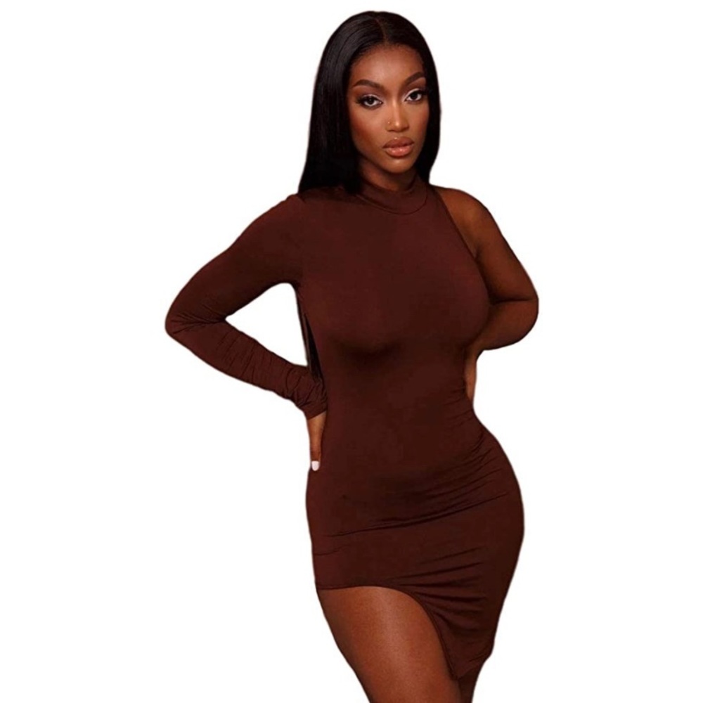 One Shoulder Long Sleeve Bodycon Side Slit Party Dress